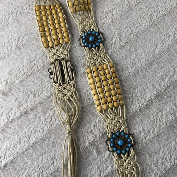Macrame Beaded Tie Waist Belt Retro Western Boho Festival Turquoise Color Detail - Picture 5 of 7